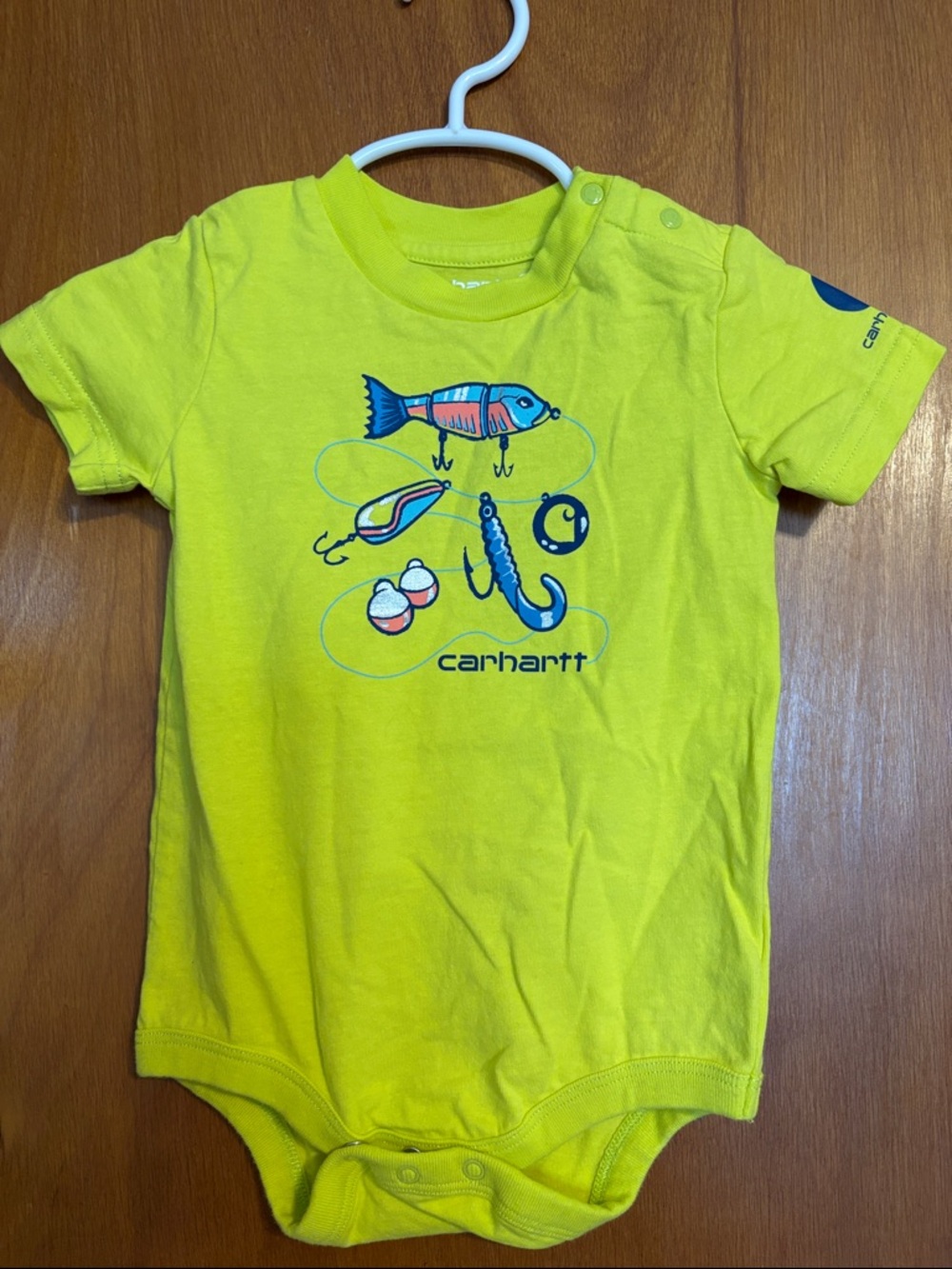 Carhartt Neon Yellow Fishing Graphic Baby Bodysuit 12 month